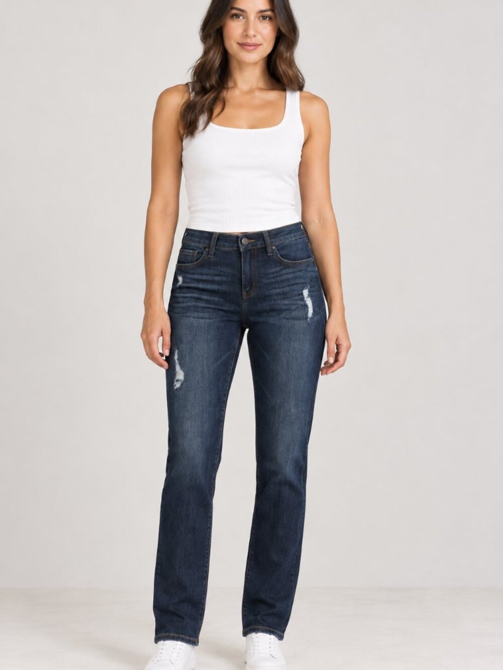Denimbox 15 Dark Wash Distressed Straight Leg Stretch Jeans Y2K Casual